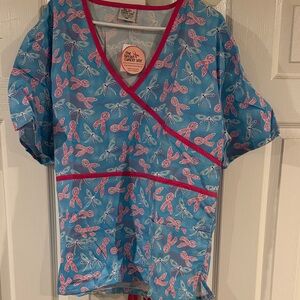 Blue and Pink Dragonfly Print Scrub Top